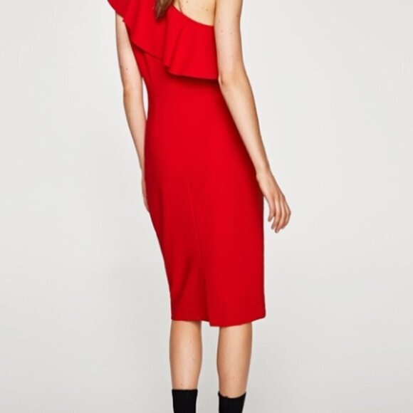 Zara Red Dress-One Shoulder Ruffle Pencil - Picture 3 of 6